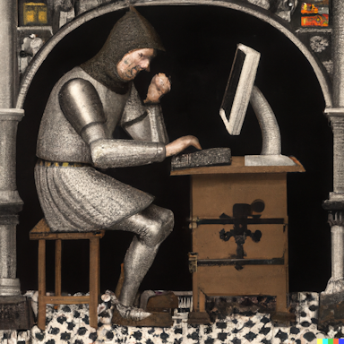 A knight in chainmail armor using a computer.